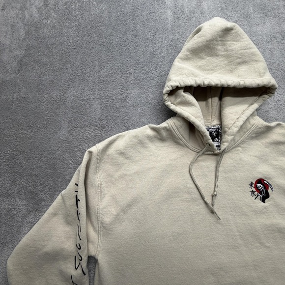 Riot Society Hoodie Mens Large Beige Fleece Sweatshirt Grim Reaper Skull Graphic - Picture 3 of 9